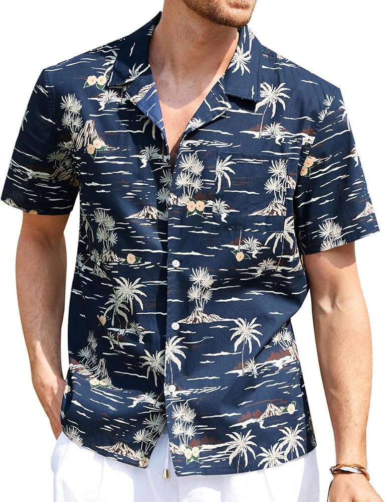 Men's Hawaiian Floral Shirts Cotton Button Down Tropical Holiday Beach Shirts