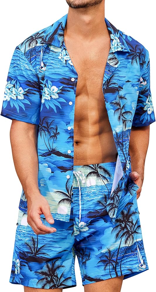 SILKWORLD Mens Hawaiian Short Set 2 Piece Casual Button Down Shirts Outfits Summer Short Sleeve Suits