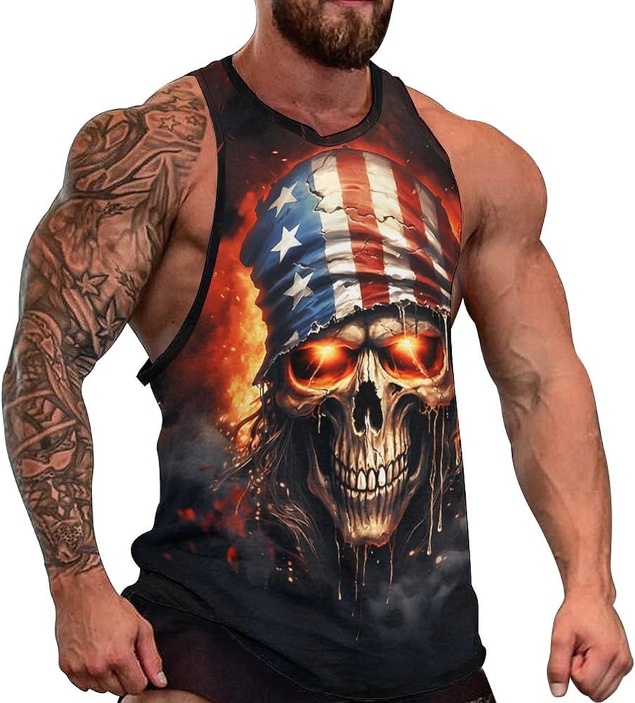 Mens Cotton Tank Tops Skull Graphic Stringer Tops Casual Summer Cutoff T-Shirts Moisture Wicking Work Out Tops