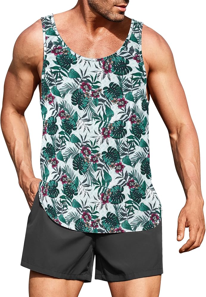 COOFANDY Men's Floral Tank Top Sleeveless Tees All Over Print Casual Sport T-Shirts Hawaii Beach Vacation