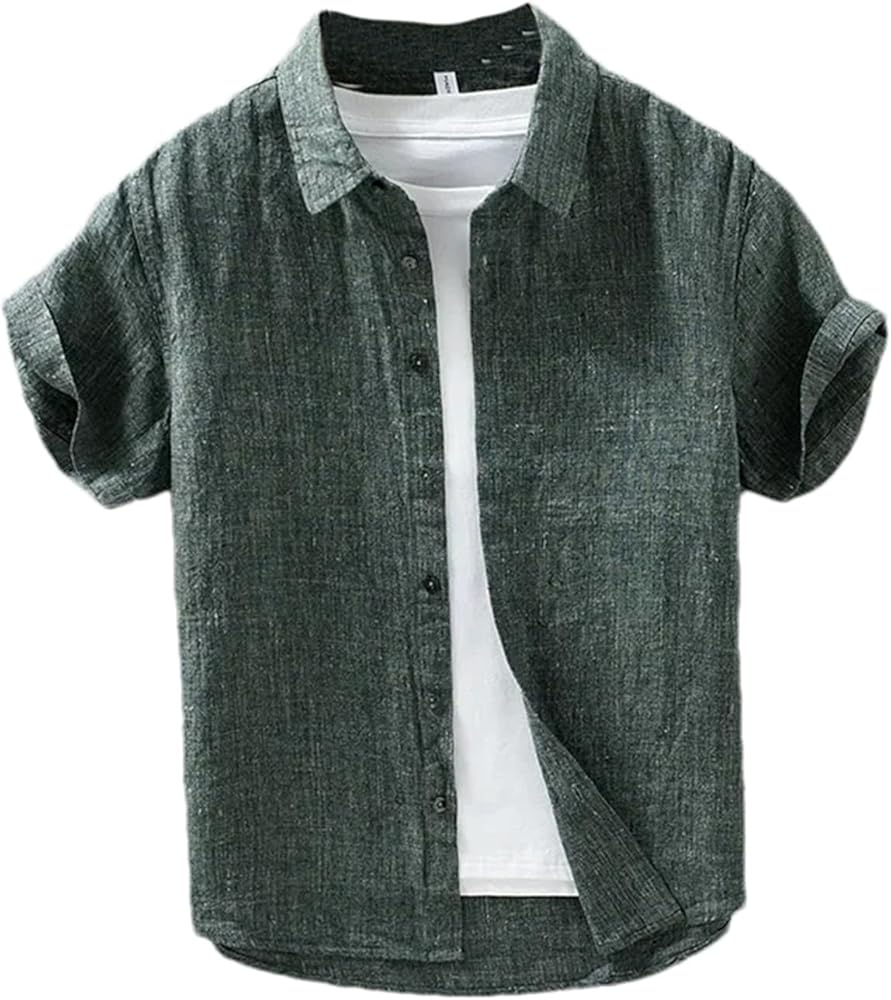 Linen Casual Shirts Men Casual Solid Short Sleeve Shirt Man Button-Up Shirt