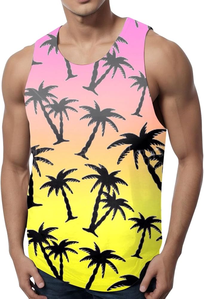 Big and Tall Graphic Tank Tops for Men Sleeveless Sunset Coconut Print Graphic Tee Shirts Casual Loose Pullover