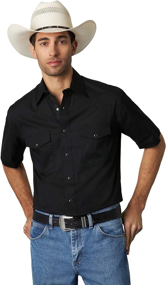 Wrangler Men's Sport Western Basic Two Pocket Short Sleeve Snap Shirt, Black, Large