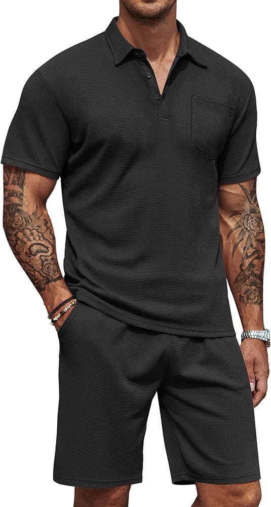 COOFANDY Men's Waffle Knit Polo Shirt and Shorts Set 2 Pieces Outfits Summer Suit Casual Tracksuit with Pockets