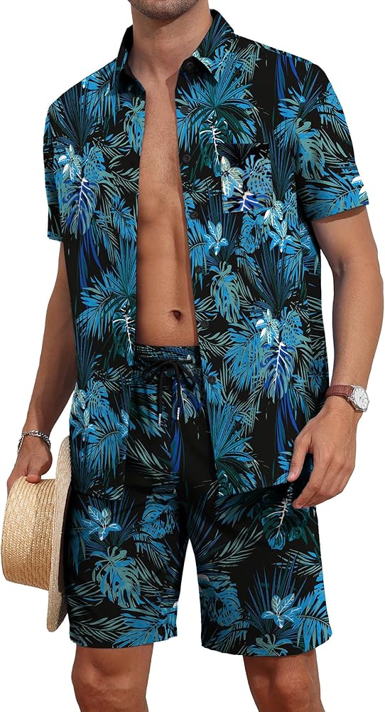 YTD Mens Flower Hawaiian 2 Piece Outfit Sets Short Sleeve Beach Casual Button Down Shirt and Shorts Suits