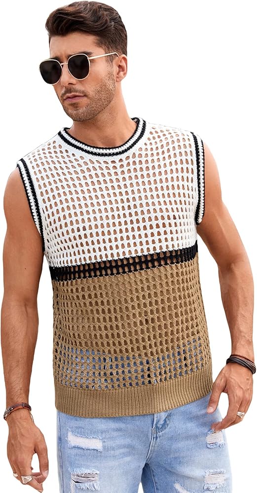 OYOANGLE Men's Pointelle Sleeveless Tank Top Casual Colorblock Round Neck Muscle Shirt