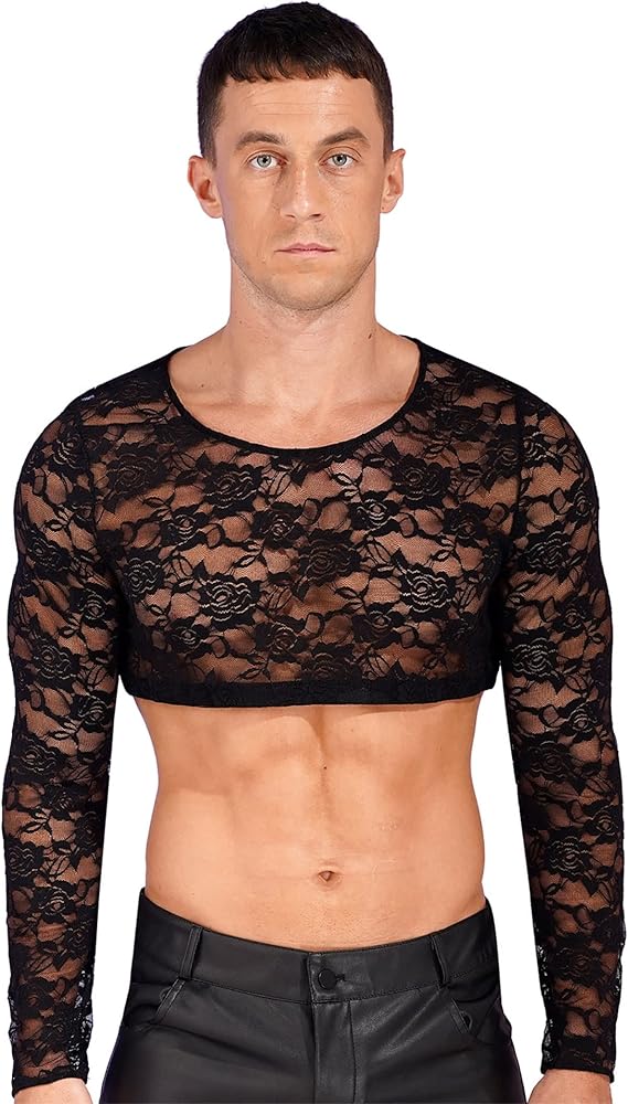 Mens Sheer Mesh Floral Lace Scoop Neck Crop Top T-Shirt Sissy Tank Top Vest Muscle Top Blouse