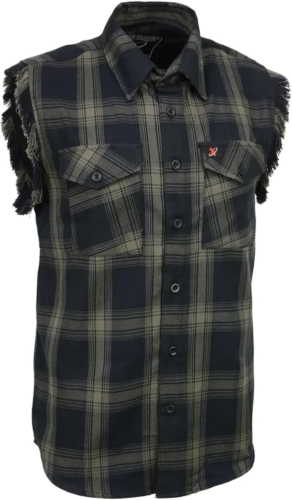 Milwaukee Leather MNG11695 Men’s Classic Black and Dark Grey Button-Down Flannel Cut Off Frayed Sleeveless Casual Shirt