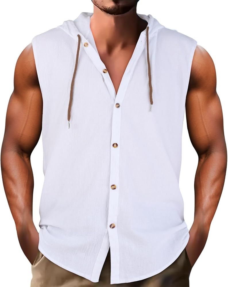 Mens Linen Sleeveless Hoodies Tank Top Casual Button Down Hooded Shirt Summer Beach Vacation Hippie Hooded Vest Tees