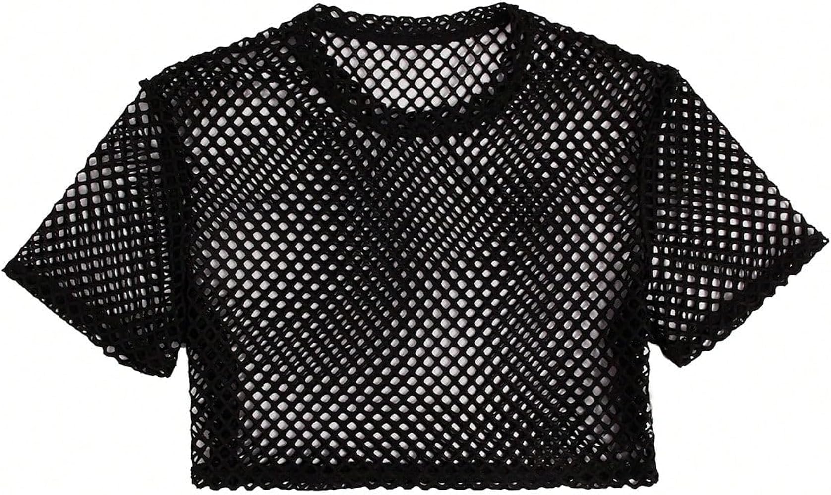 WDIRARA Men's Fishnet Pu Leather Mesh T Shirts Round Neck Short Sleeve Crop Tee Top Black Sheer M