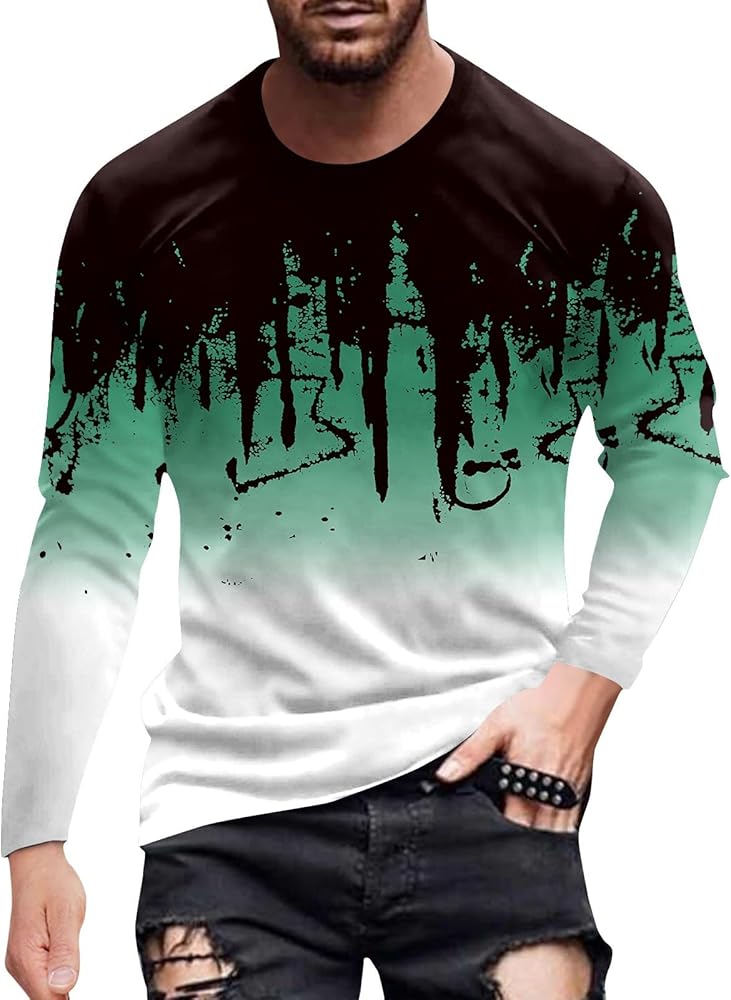 Men's Long Sleeve Shirts Casual 3D Scrawl Print Fade Color Tops Crew Neck Basic Tees