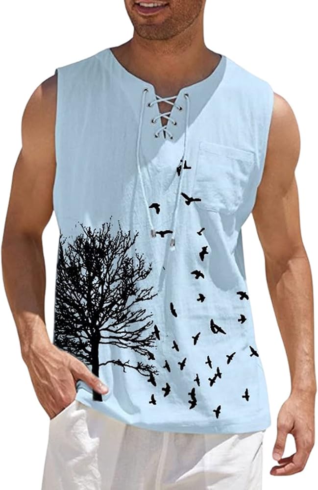 Mens Tank Top Men's Casual Loose Cotton Linen Shirts Printed Blouse Sleeveless Vest Shirts Tops Tank Men