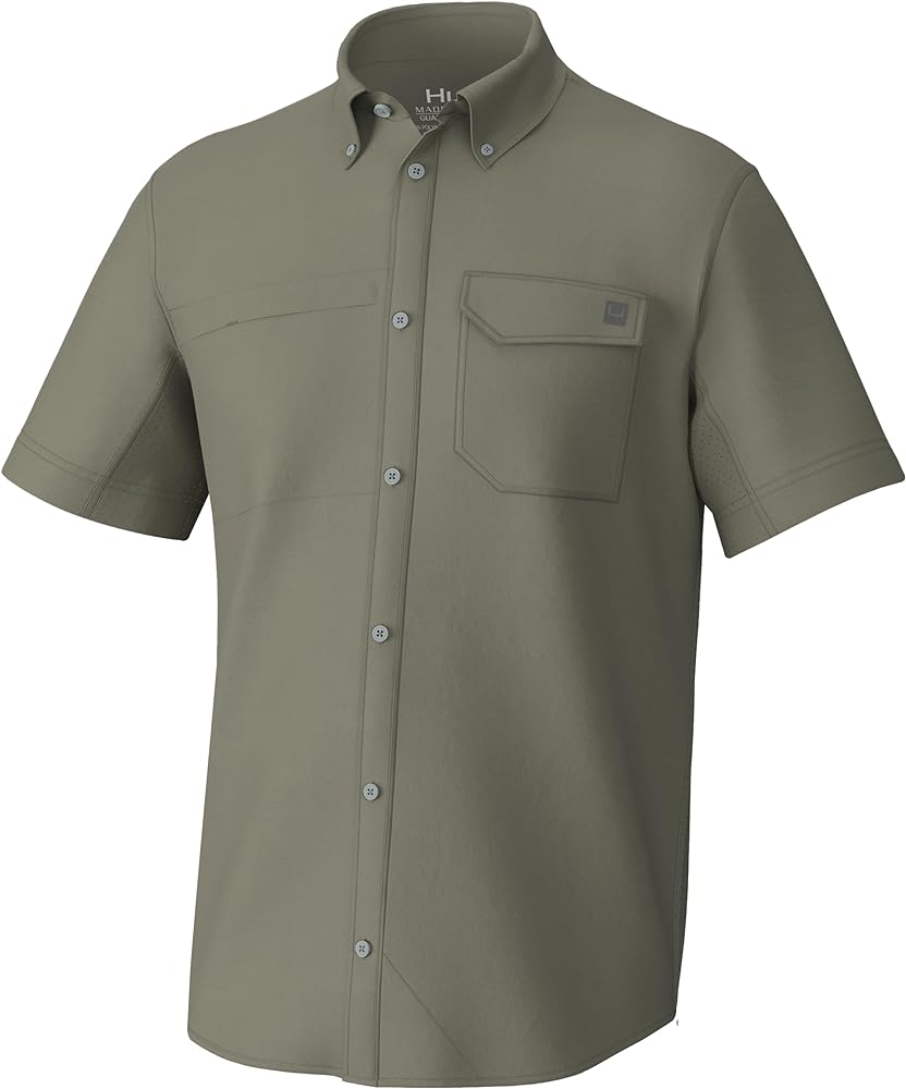 HUK mens Tide Point Solid Short Sleeve Shirt, for Men Button Down Shirt, Moss, Medium US