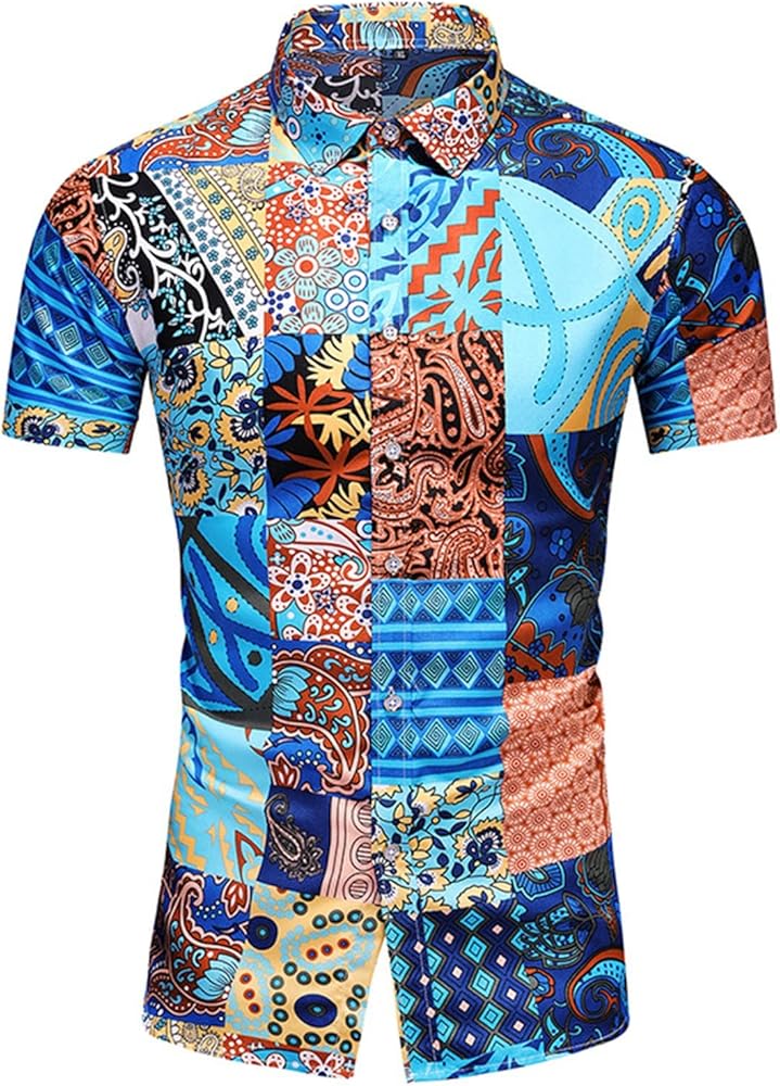 Men's Hawaiian Button Down Shirts Casual Printed Beach Short Sleeve Elastic Slim fit Dress Shirt