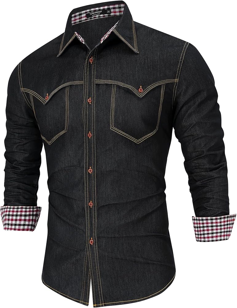 TURETRENDY Men's Casual Button Down Dress Shirt Long Sleeve Chambray Denim Shirt Western Work Shirts