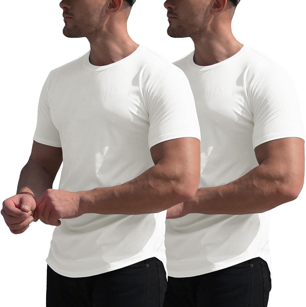 KESIHAN Men's 2 Pack Muscle Short Sleeve Shirts Ribbed Casual Solid T-shirt Athletic Round Neck Tops