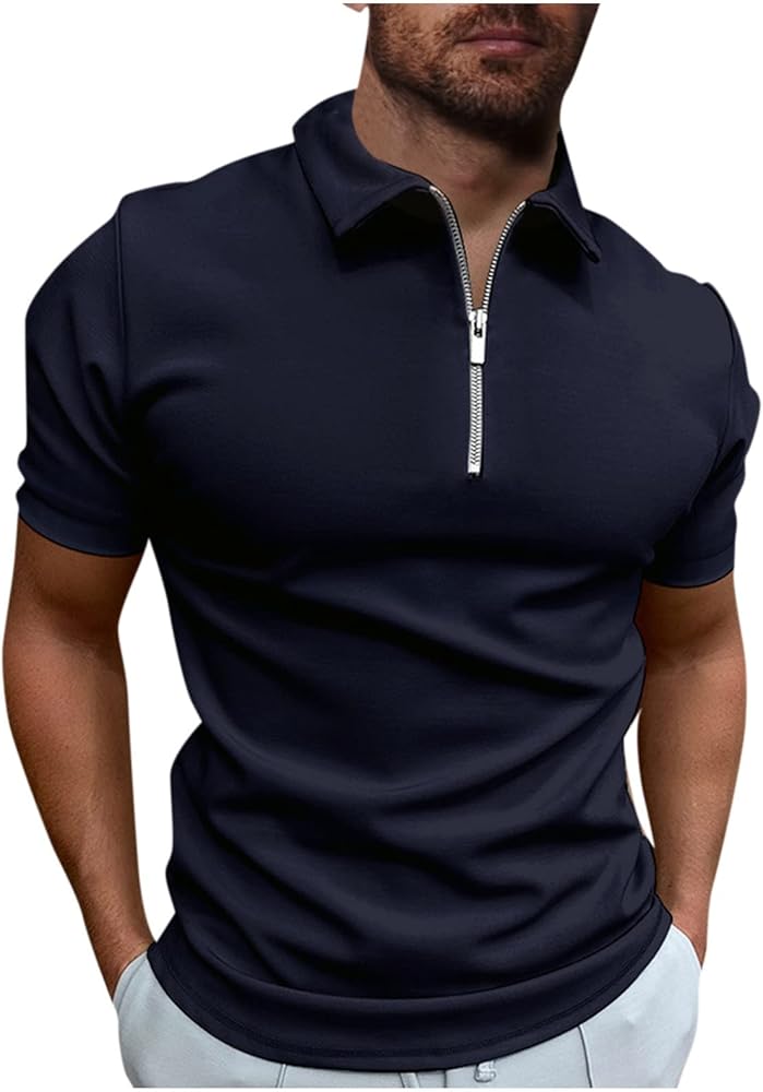 WENKOMG1 Quarter Zip Polo Shirt for Men Solid Spread Collar Slim Fit Pullovers Short Sleeve Summer Casual Jerysey Shirt