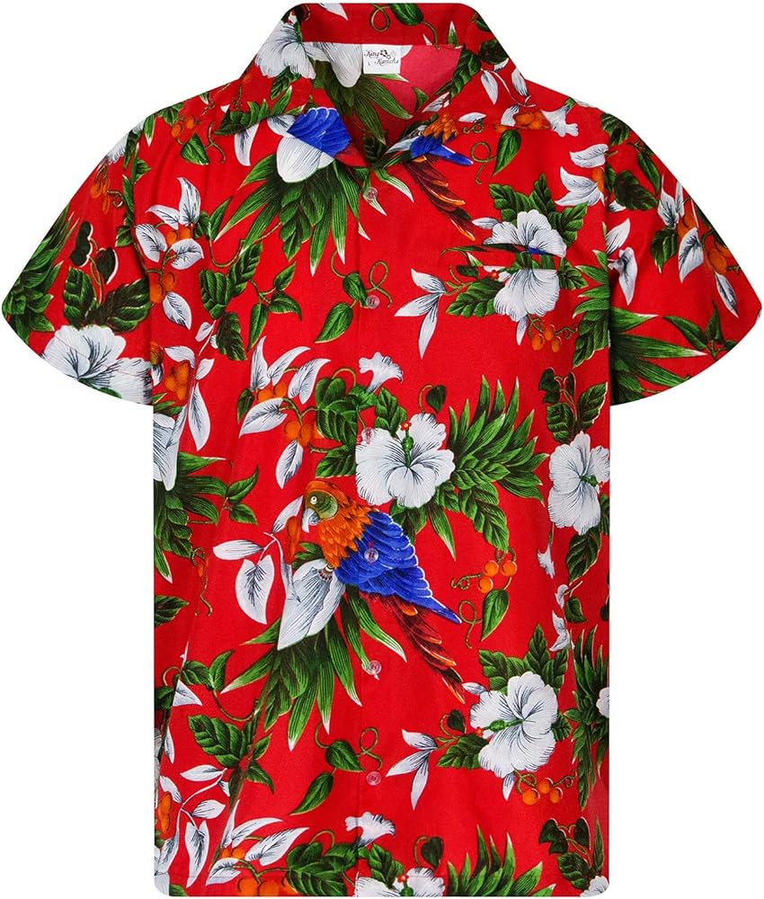 Mens Vintage-Hawaiian-Shirt Casual-Short-Sleeve Button-Down Cherry-Blossoms Parrot-Design