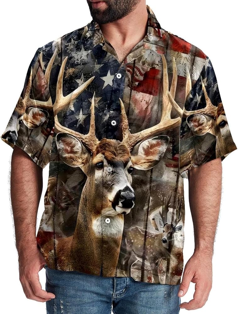 Men's Short Sleeve Hawaiian Shirt Summer Vacation Shirts, Deer American Flag Background