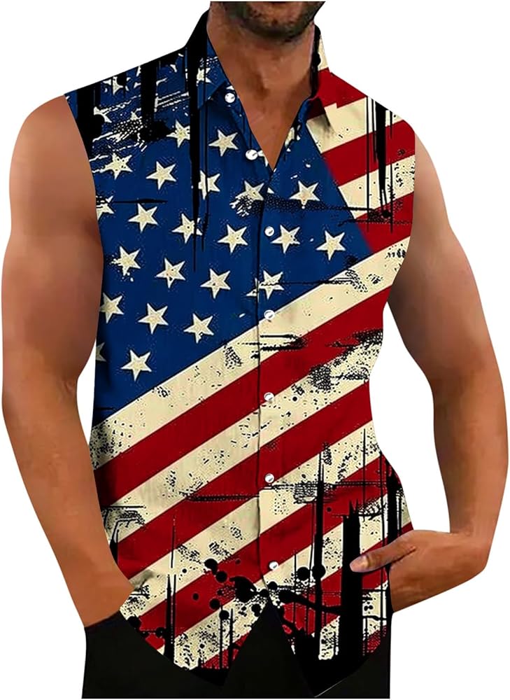 Men's Sleeveless Shirts Button Down Beach Tank Tops Vintage Patriotic American Flag Graphic Shirt Vest Plus Size 5XL