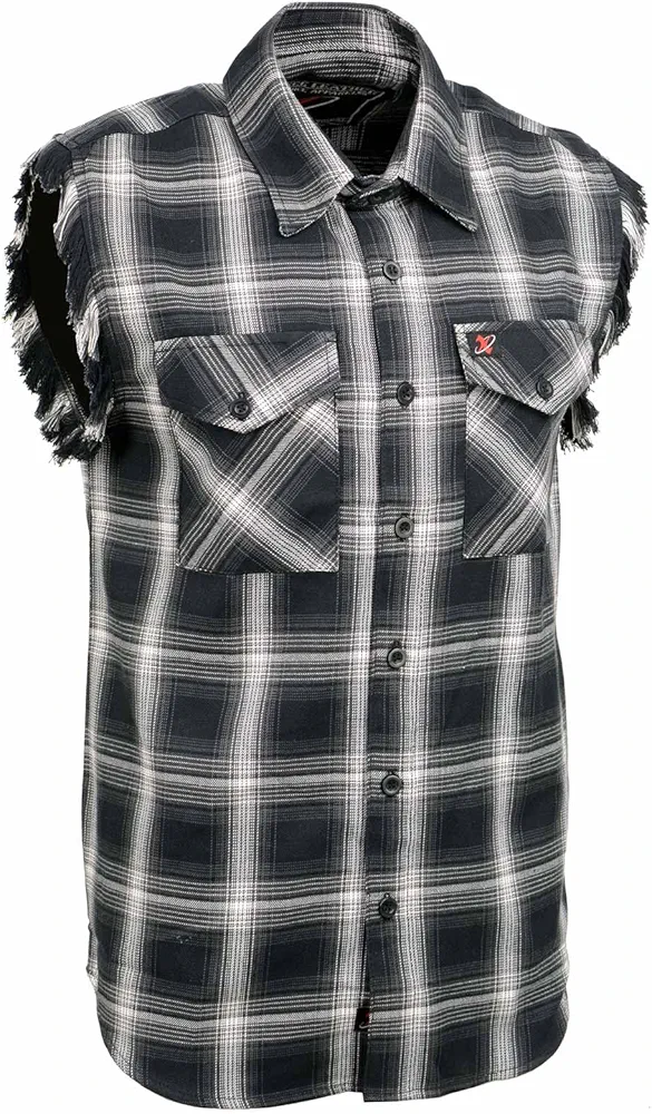 Milwaukee Leather MNG11694 Men’s Classic Black and White Button-Down Flannel Cut Off Frayed Sleeveless Casual Shirt