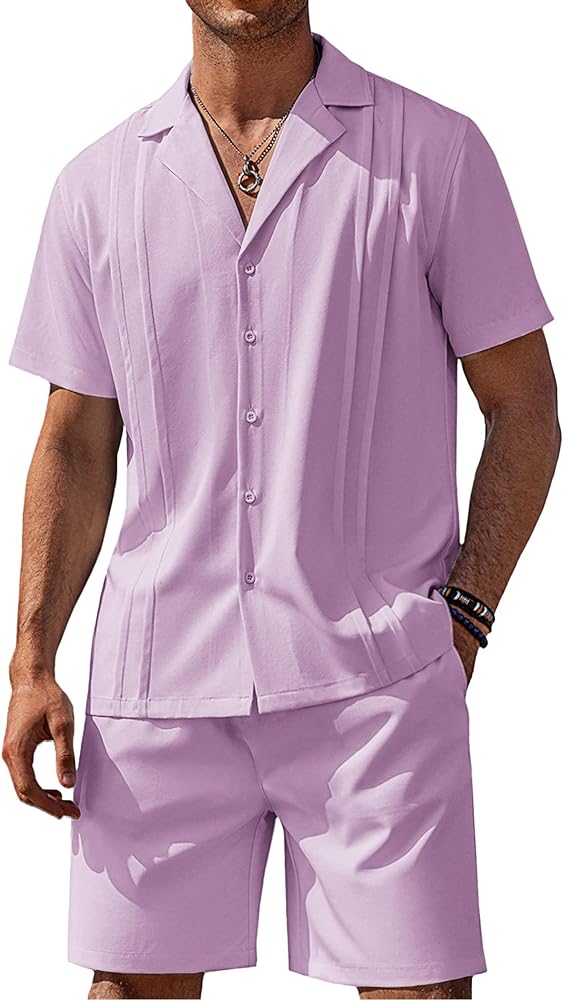 COOFANDY Mens 2 Piece Short Set Guayabera Button Down Shirt Casual Summer Beach Outfits