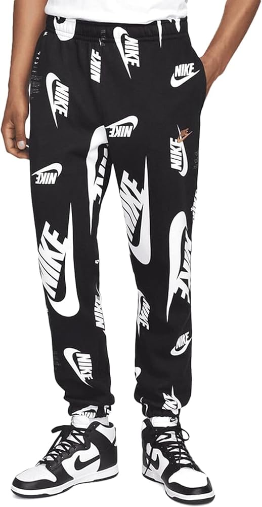 Nike Men's Club+ AOP Swoosh Fleece Black Sweatpants (US, Alpha, XX-Large, Regular, Regular, Standard, Black/White)