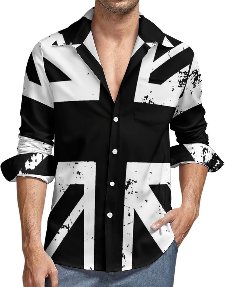 White and Black British Flag Mens Long Sleeve Shirts Casual Button Down Shirts for Men Summer Beach Tees with Pocket