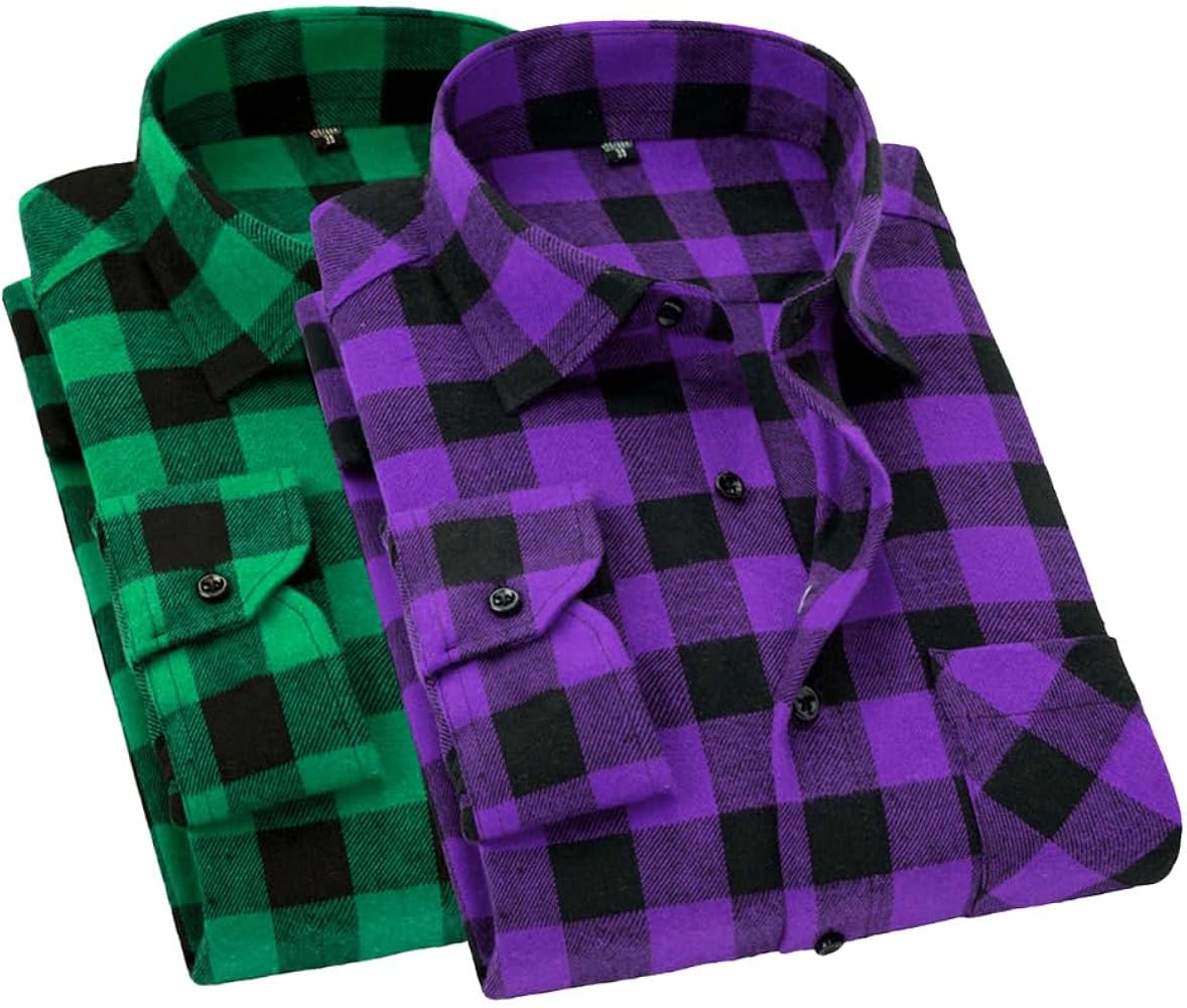 Cromoncent 2 Pack Men's Casual Plaid Flannel Button Down Shirt