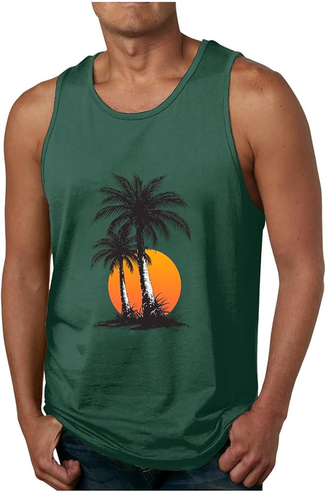 Mens Tank Top Tropical Palm Tree Graphic Tops Sleeveless Crew Neck T-Shirt Summer Vacation Travel Hawaiian Tees