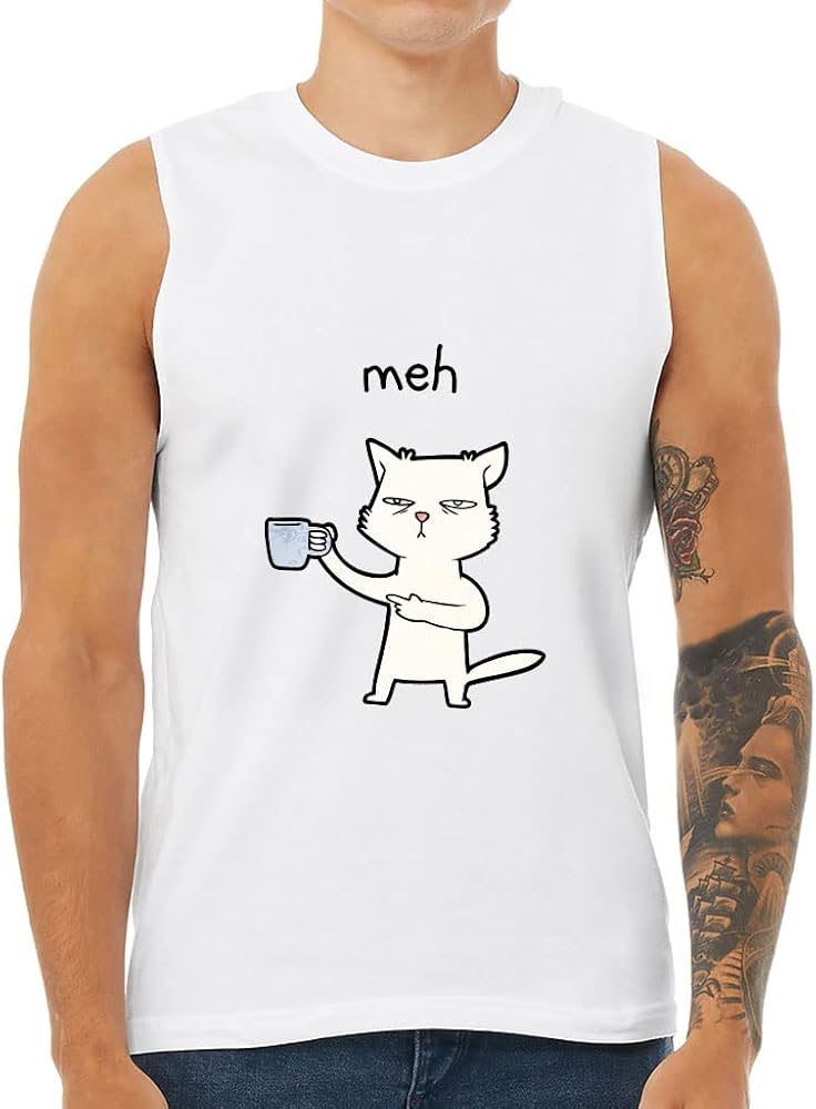 Sleepy Men's Muscle Tank - Cat Design Men's Sleeveless T-Shirt - Unique Tank - White, XL