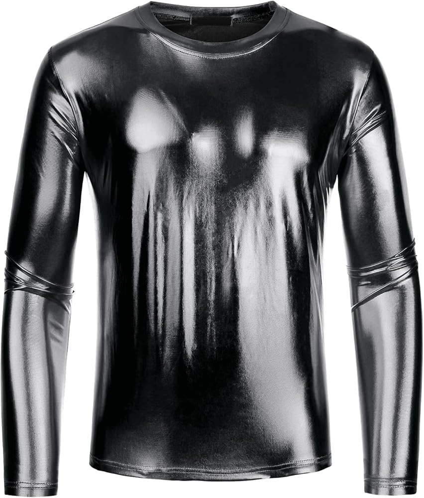 Lars Amadeus Men's Metallic T-Shirt Round Neck Long Sleeves Shining Disco Tee Top