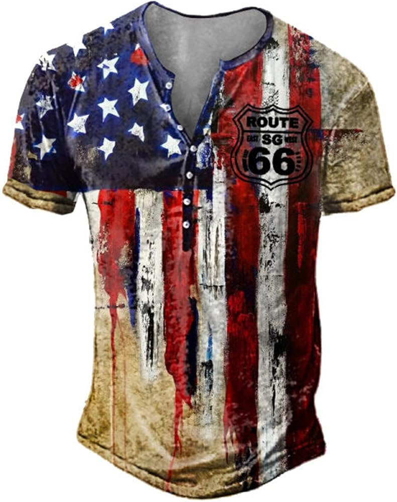 Mens 4th of July T Shirts Independence Day American Flag Route 66 Vintage Henley Button Shirt