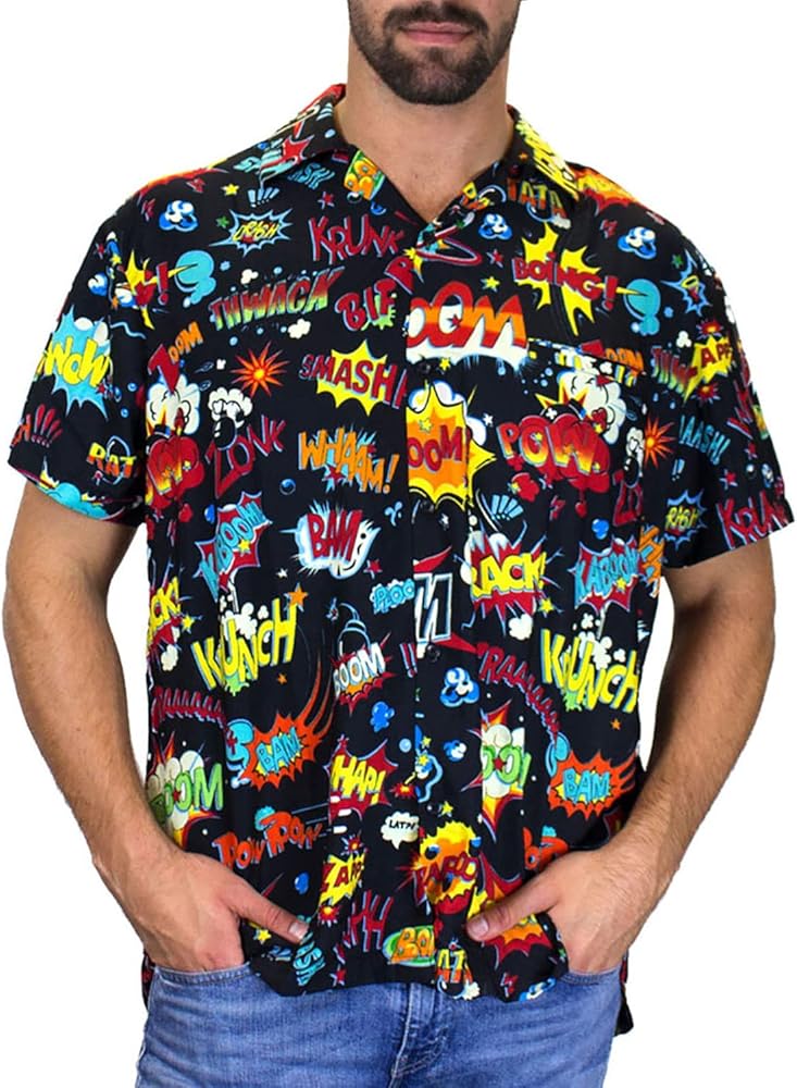 KING KAMEHA Funky Hawaiian Shirt for Men Short Sleeve Front-Pocket Boom Bang Comic Multiple Colors