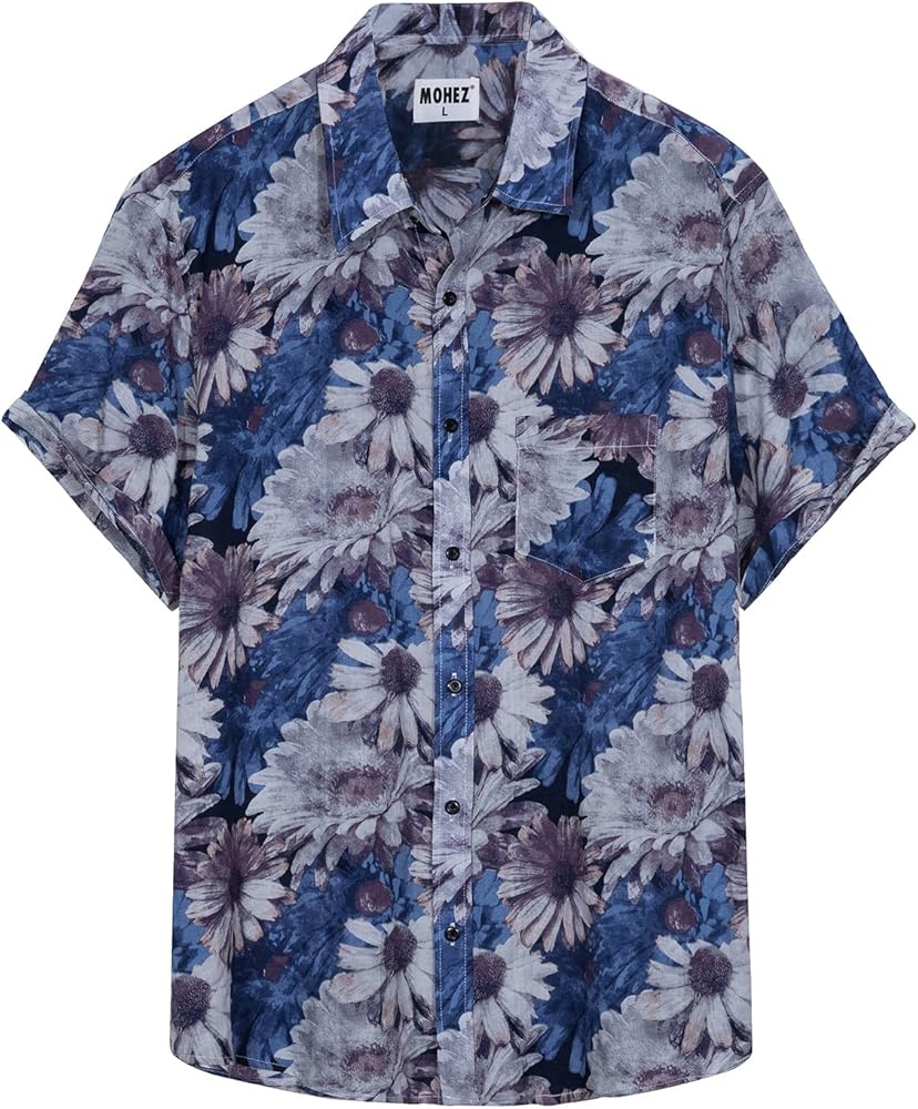 Men Hawaiian Shirt Short Sleeve Summer Beach Shirt Casual Floral Button Down Shirt