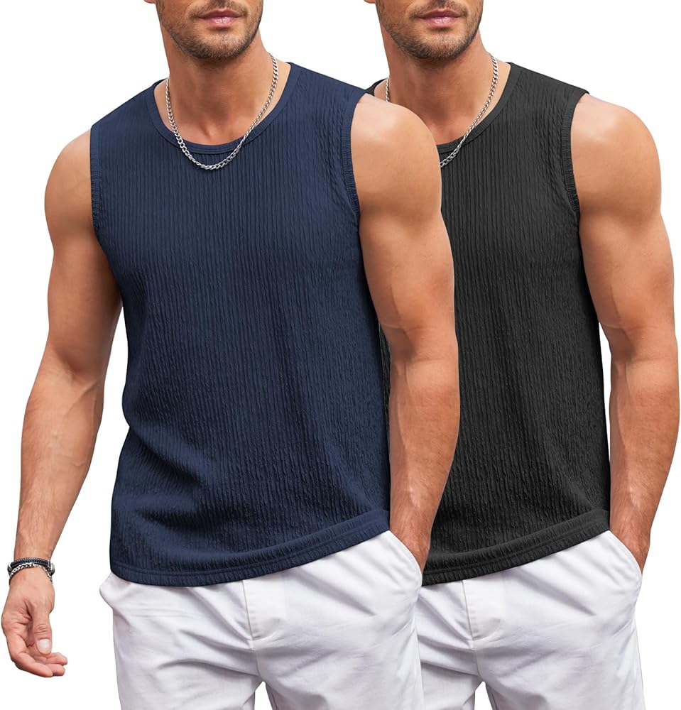 COOFANDY Knit Tank Top Men Casual Sleeveless T Shirts 2 Pack Textured Tank Shirt Wide Shoulder Black/Navy Blue