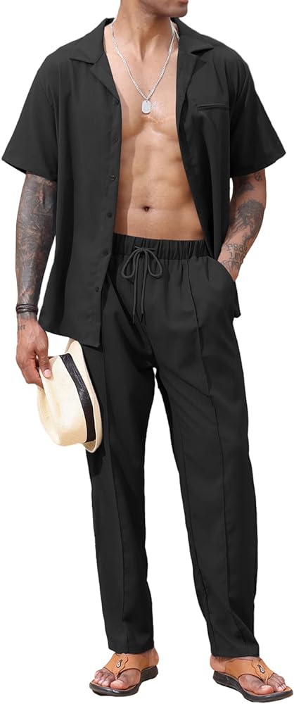 Lexiart 2 Piece Set for Men Beach Outfits Cuban Collar Button Down Shirt Darwstring Pants