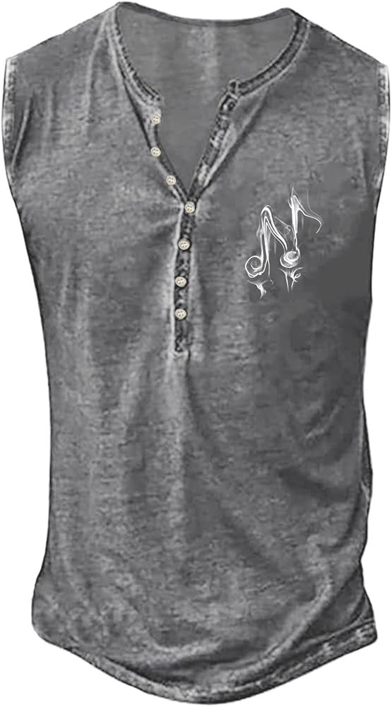 Men's Distressed Henley Shirt Sleeveless Printed Pullover V-Neck Tank Top Fashion Top