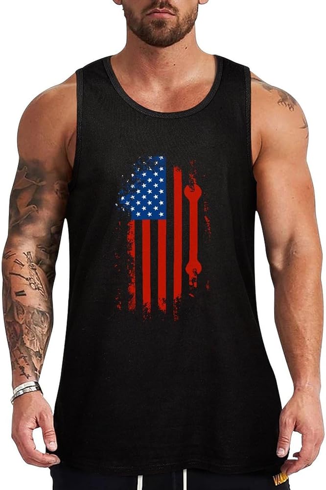 Vintage Mechanic USA Flag Breathable Men's Tank Top Soft Muscle Vest T-Shirts Quick Dry Sleeveless Fitness Tee