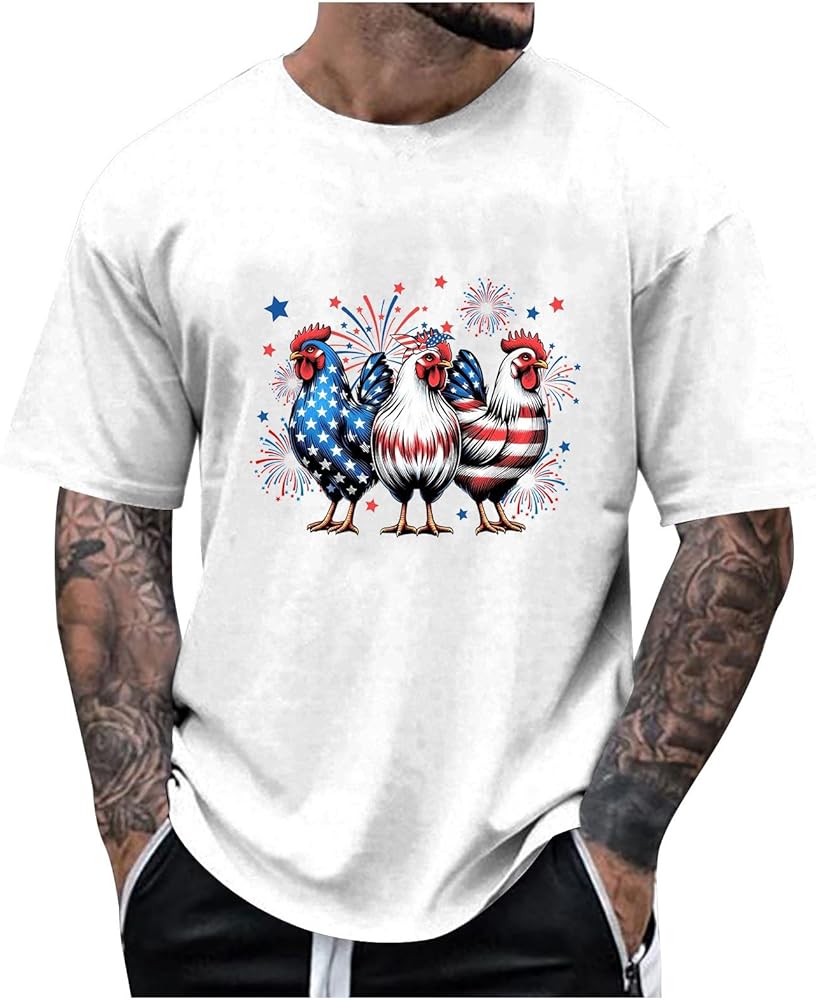 Funny Firework White Red Blue Chicken USA Flag July 4th T-Shirt Patriotic Fireworks Celebrate 4th of July Shirts