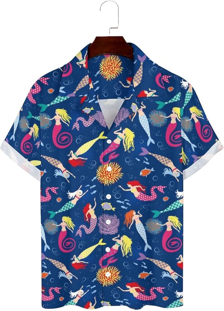 Beautiful Cute Mermaids Men's Shirt Button Down Short Sleeve Cuban Hawaiian Beach Shirts Top