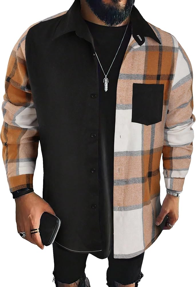 SOLY HUX Men's Plaid Shirt Button Down Long Sleeve Pocket Front Casual Shirts