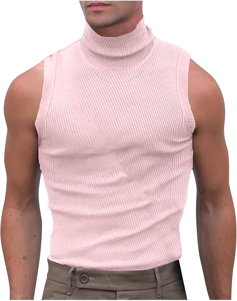 Men's Turtleneck Knitted Tank Tops Slim Fitted Solid Casual Sleeveless Sexy T Shirts Clubwear Vests