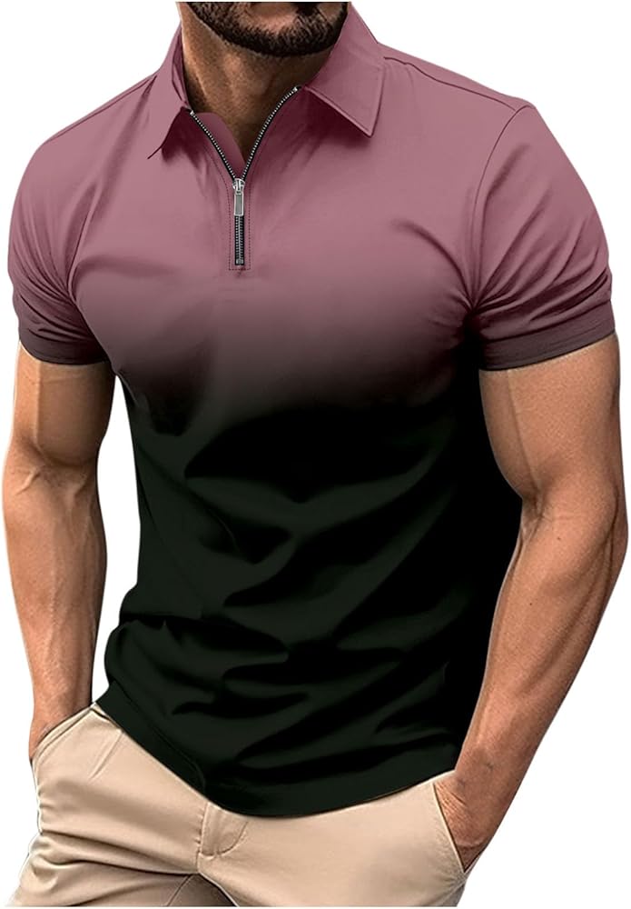 Men's Summer Casual Stylish Polo Shirts Zip-Up Lapel Short-Sleeved Tops Workout Sports Tops Classic Golf Shirts