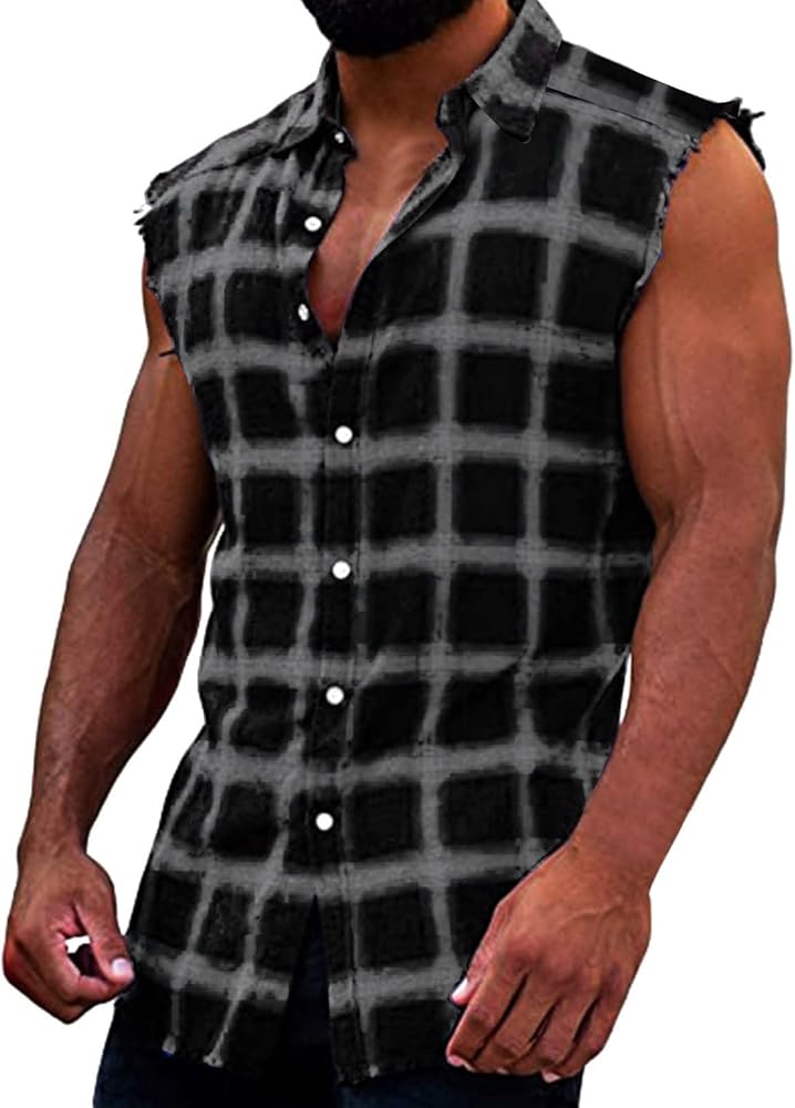 Sleeveless Flannel Plaid Shirts for Men Cowboy Button Down Cut Off Shirts Big and Tall Casual Western Tank Tops Vest