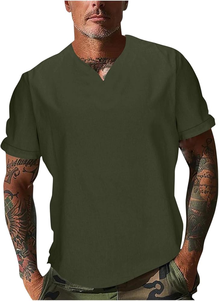 V-Neck T-Shirts for Men Casual Slim-Fit Notch Neck Short Sleeve Tee Shirt Solid Color Summer Everyday Muscle Tops