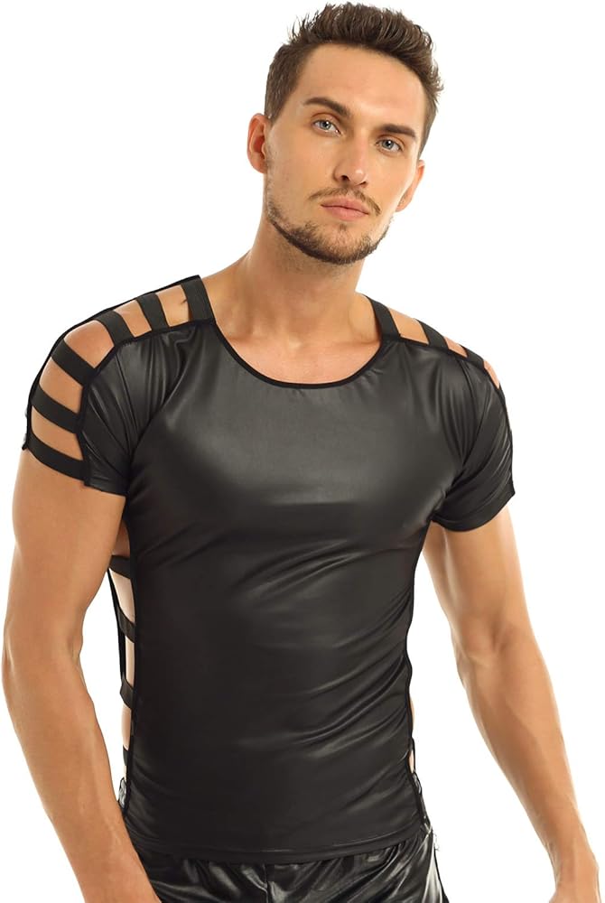 iiniim Men's Faux Leather T-Shirts Short Sleeve Hollow Muscle Tank Top Blouse