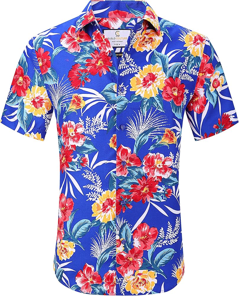 Suslo Couture Men's Slim Fit Wrinkle Free Hawaiian Button Down