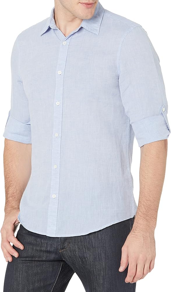 Perry Ellis Men's Slim Fit Roll Sleeve Solid Linen Cotton Button-Down Shirt (Size Small-Xx-Large)