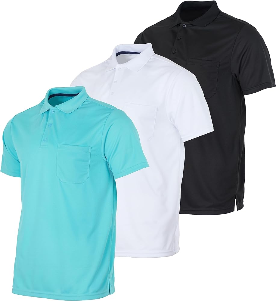 Real Essentials 3 Pack: Mens Short Sleeve Dry-Fit Collared Polo Shirt with Pocket - Active Casual (Available Big & Tall)